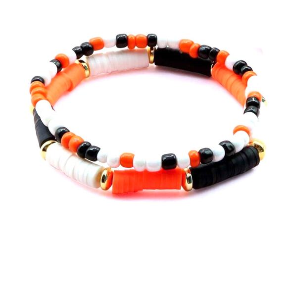 Heishi Bead Orange, Black and White Bracelet Stack - Picture 2 of 3